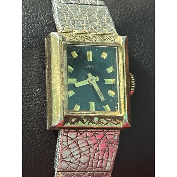 Vintage Timex Gold Tank Watch With Dark Green Dial Wind‎ Up Womens Watch main image 16